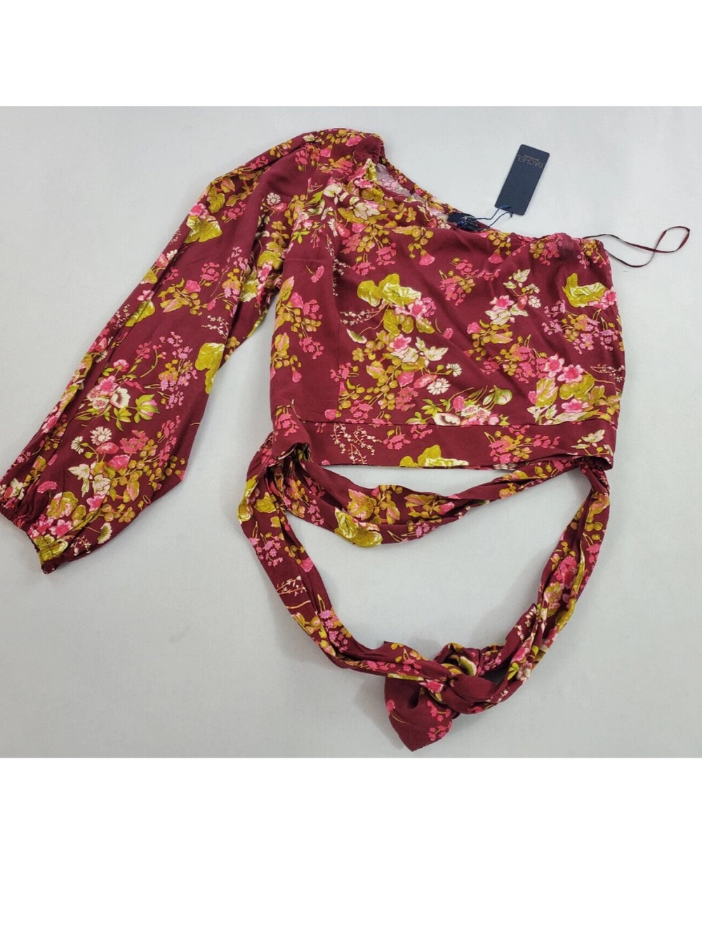 Rachel Roy Burgundy Floral One-Shoulder Wrap Top Small NWT